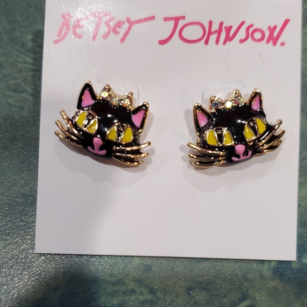 Betsey Johnson gold plated black cat studd earrings new